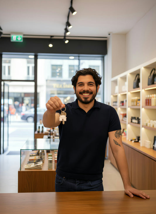 Store owner holding keys inside a retail shop